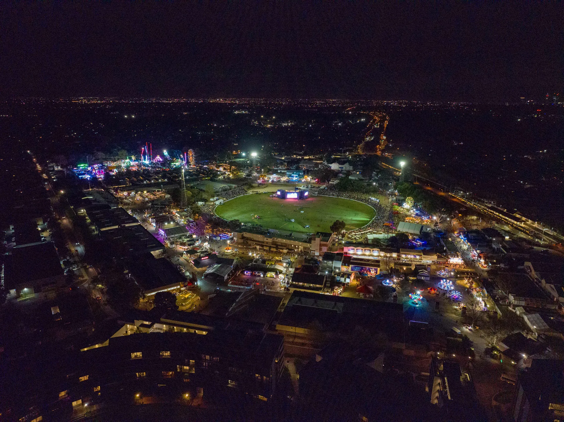 Aerial view of Claremont Showground during Perth Royal Show at night.