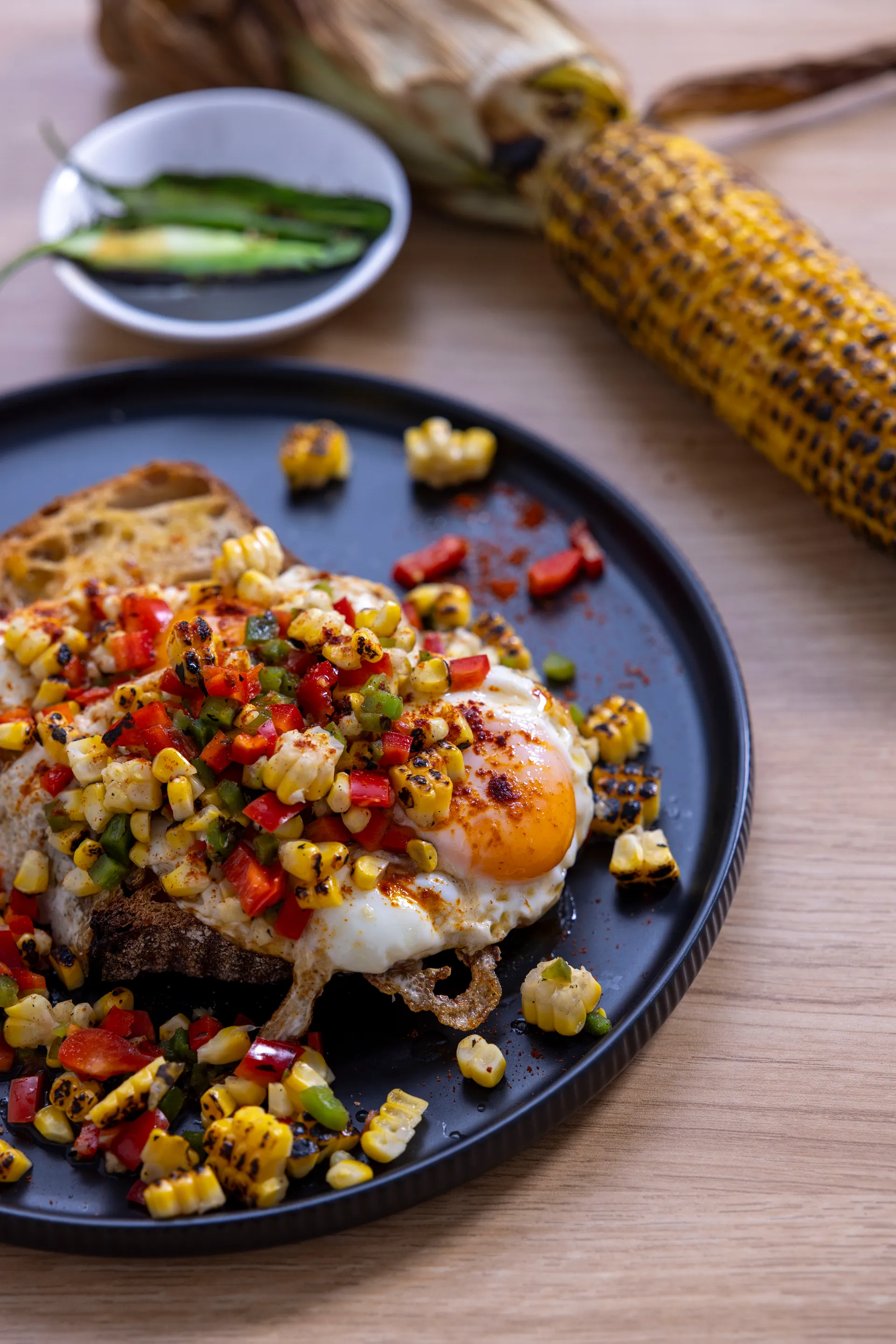 Fried Eggs with Charred Corn and Jalapeno Salsa