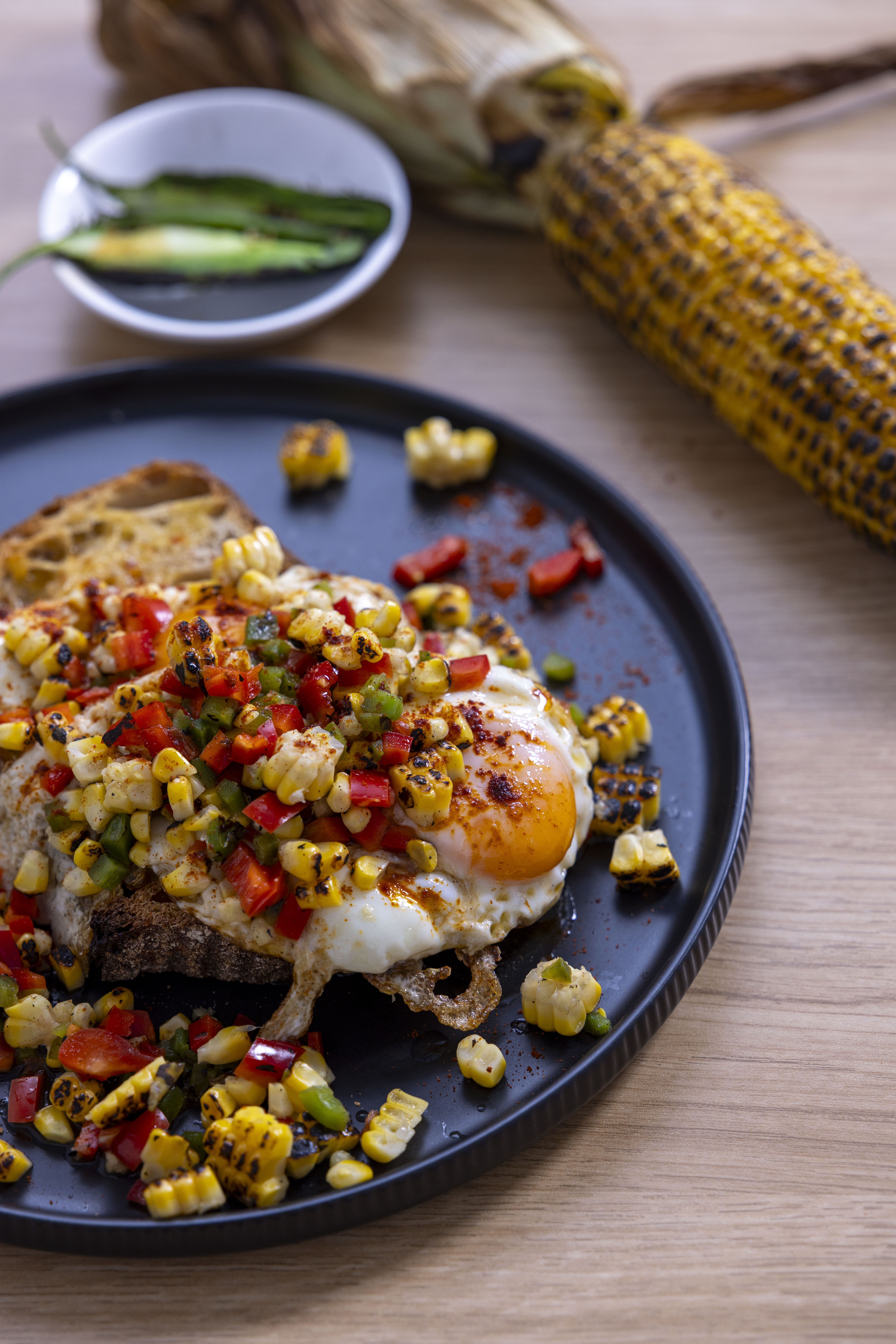 Fried Eggs with Charred Corn and Jalapeno Salsa