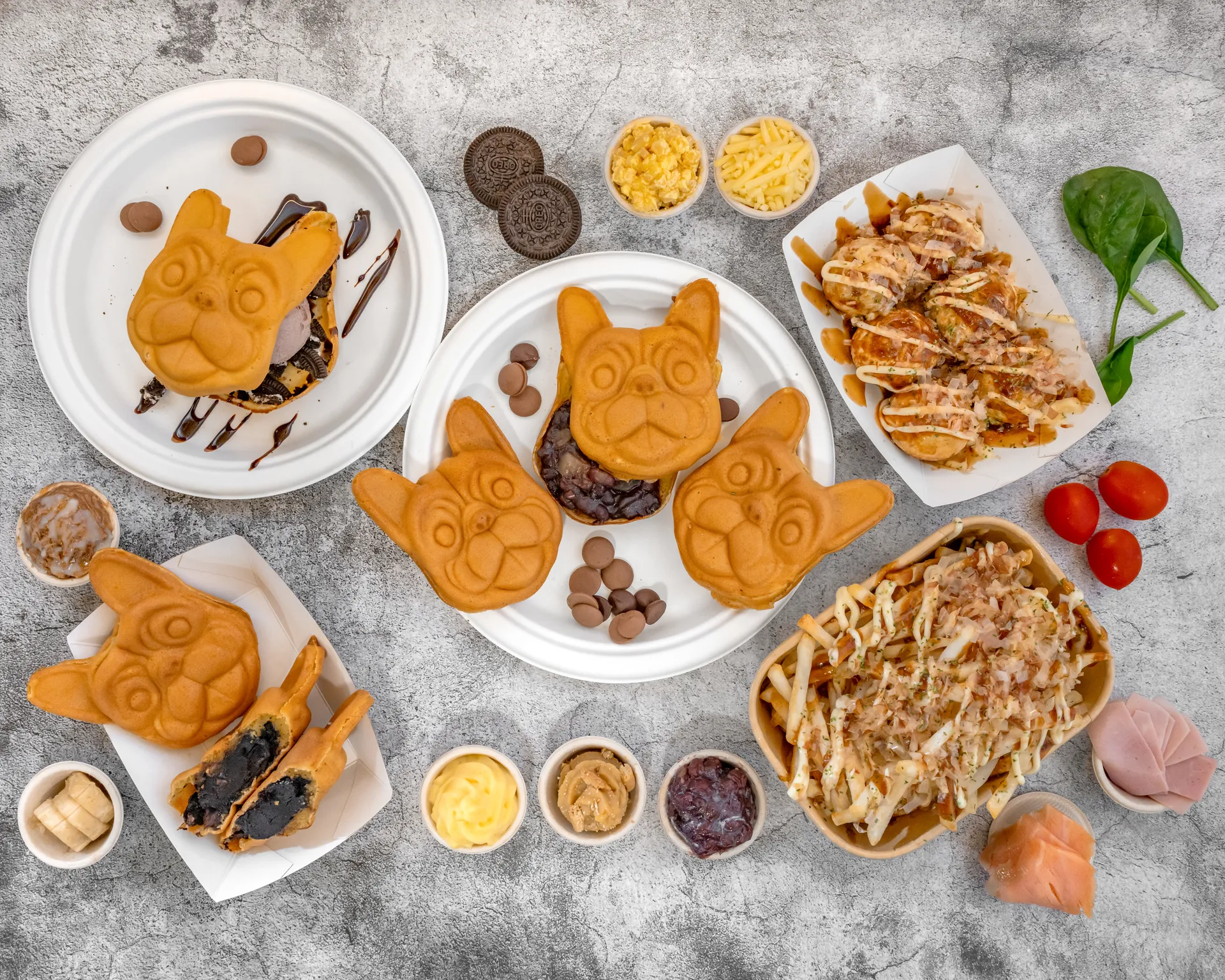 An array of french bull dog pastries 