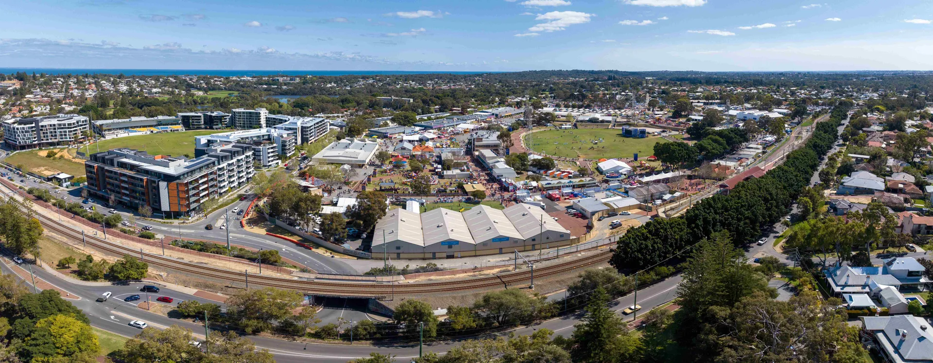 Aerial view of Claremont Showground and surrounding Perth suburbs.