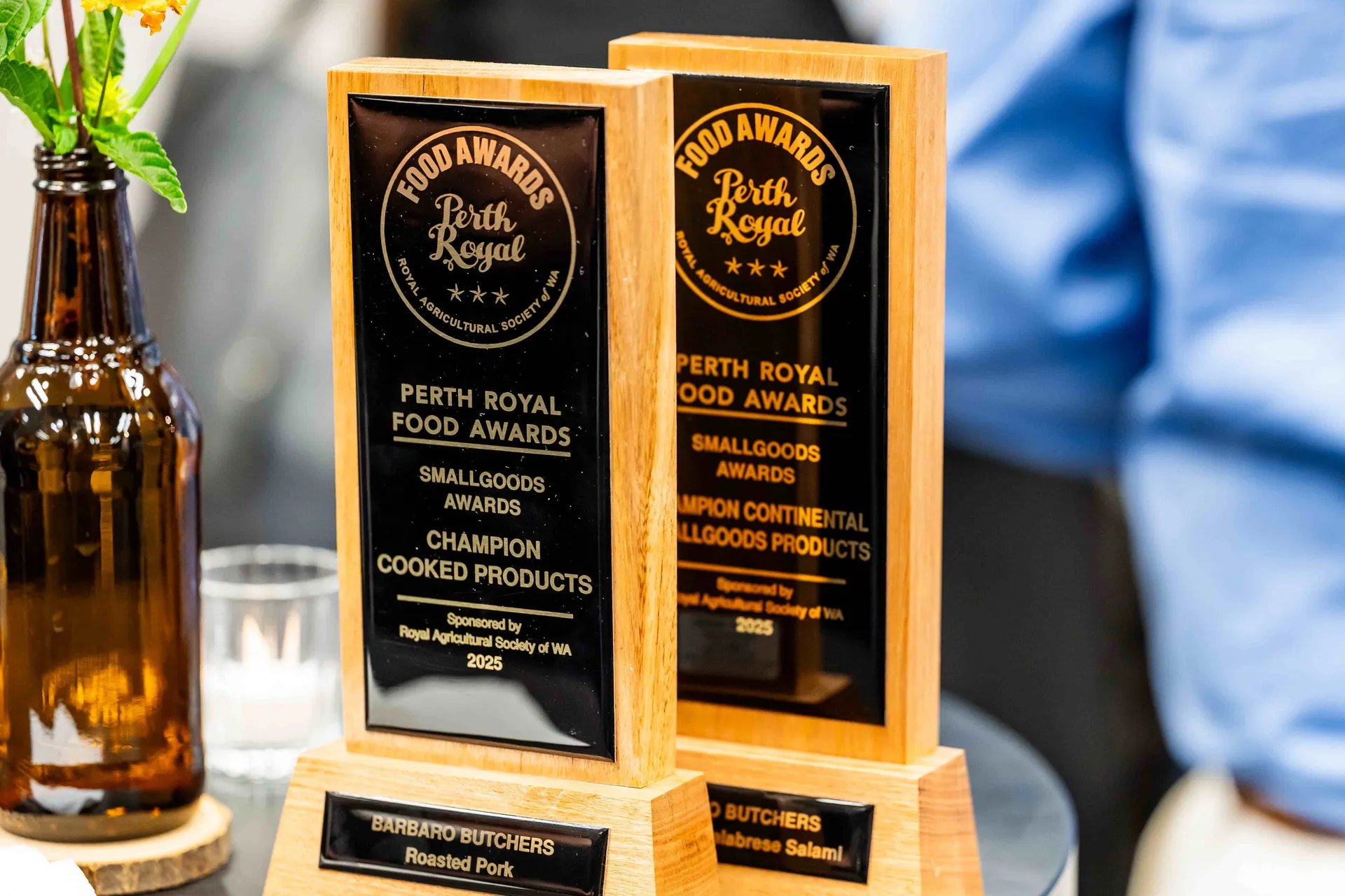 Award trophies for smallgoods winners at the Perth Royal Food Awards.