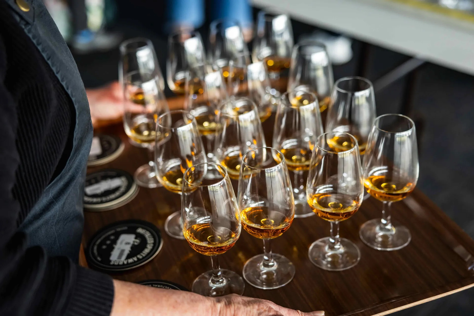 Tasting glasses with spirits samples lined up for judging at the Perth Royal Food Awards