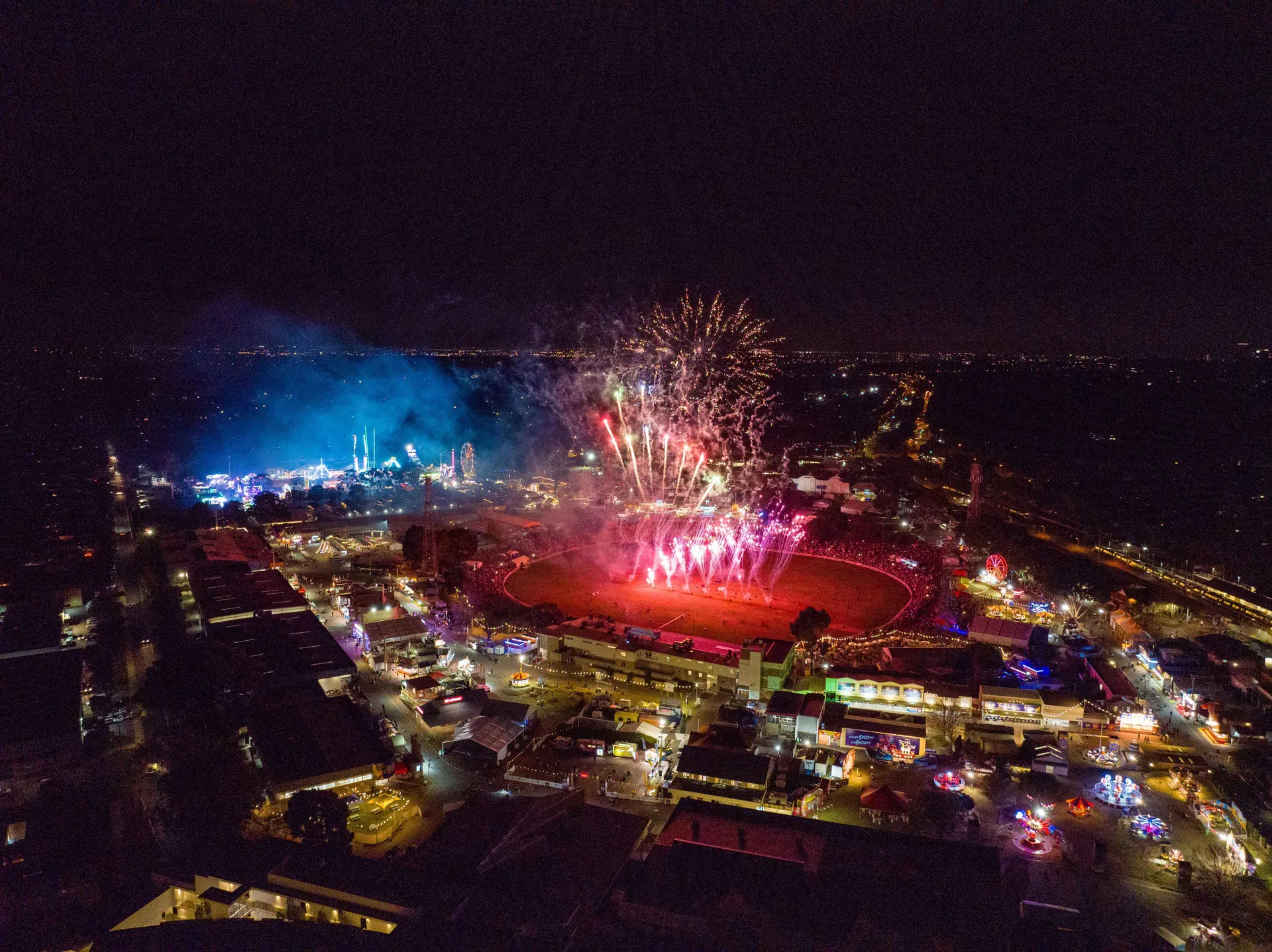Aerial night view of fireworks over the main arena at Claremont Showground during the Perth Royal Show