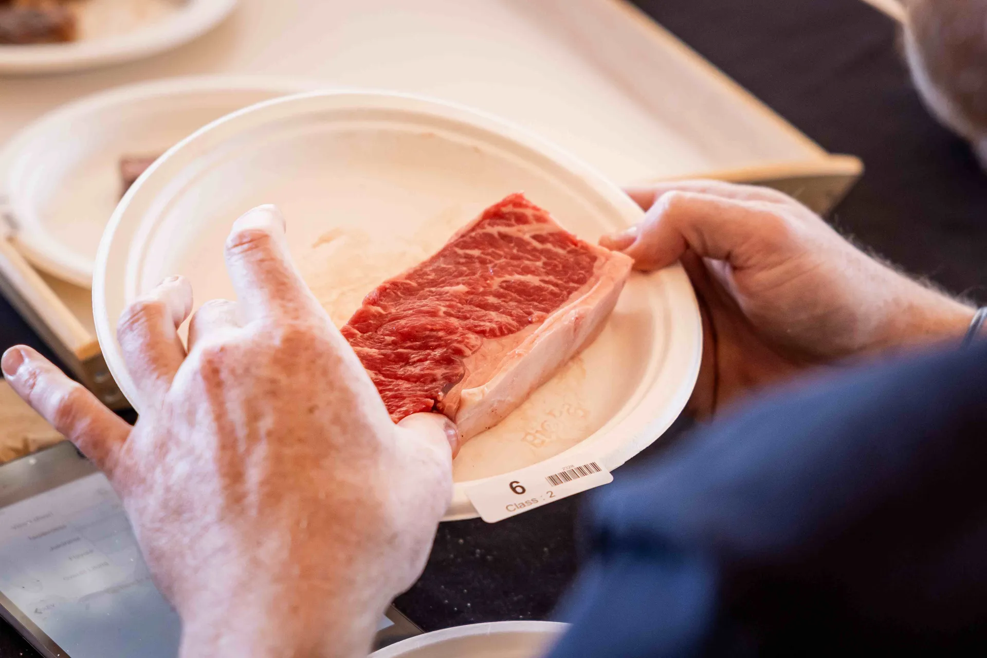 Judge inspecting a steak at the Perth Royal Food Awards.