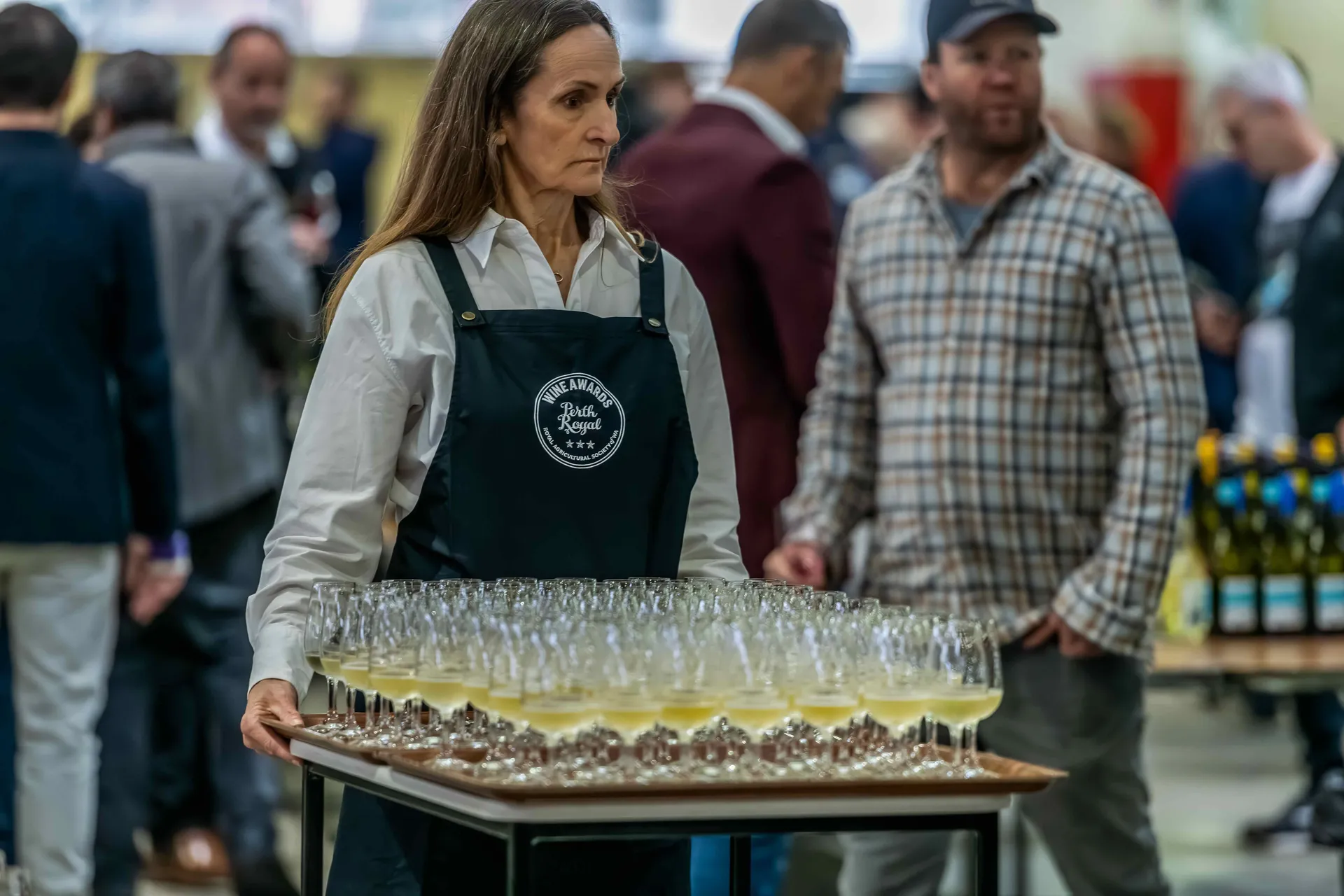 Judges reviewing wine samples at the Perth Royal Food Awards.