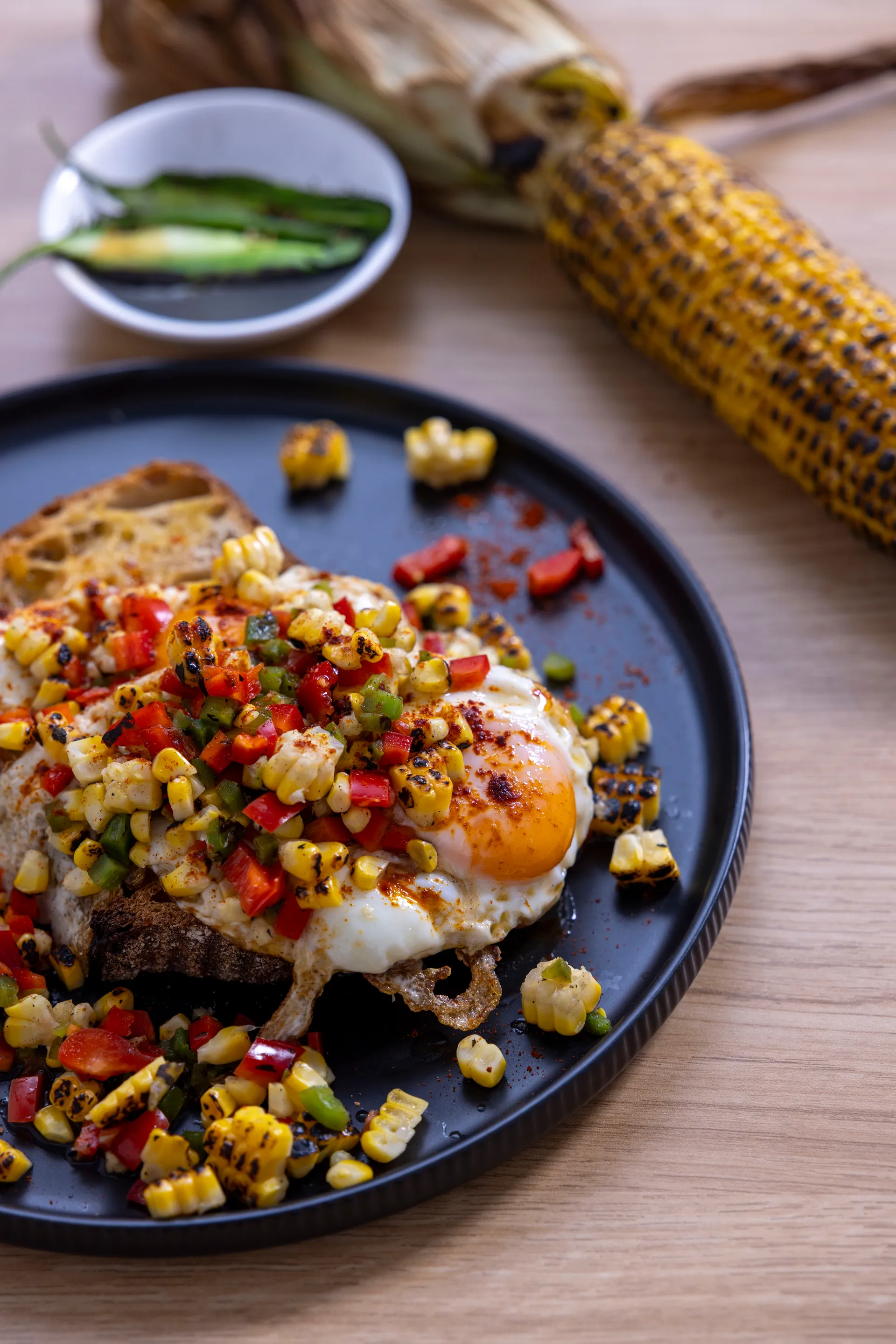 Fried Eggs with Charred Corn and Jalapeno Salsa