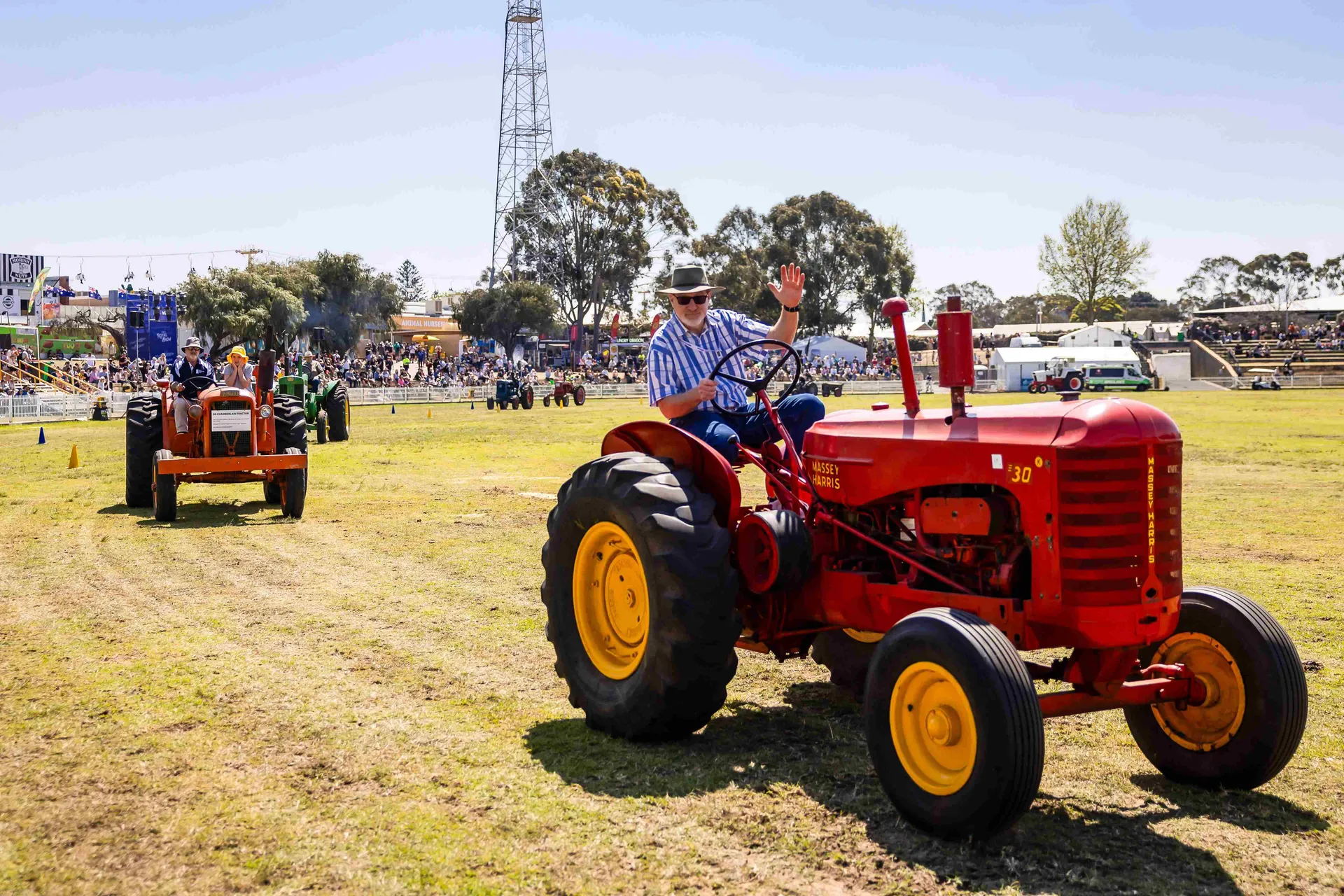 Vintage tractors parade across the arena at Claremont Showground, celebrating agricultural heritage in front of a lively crowd