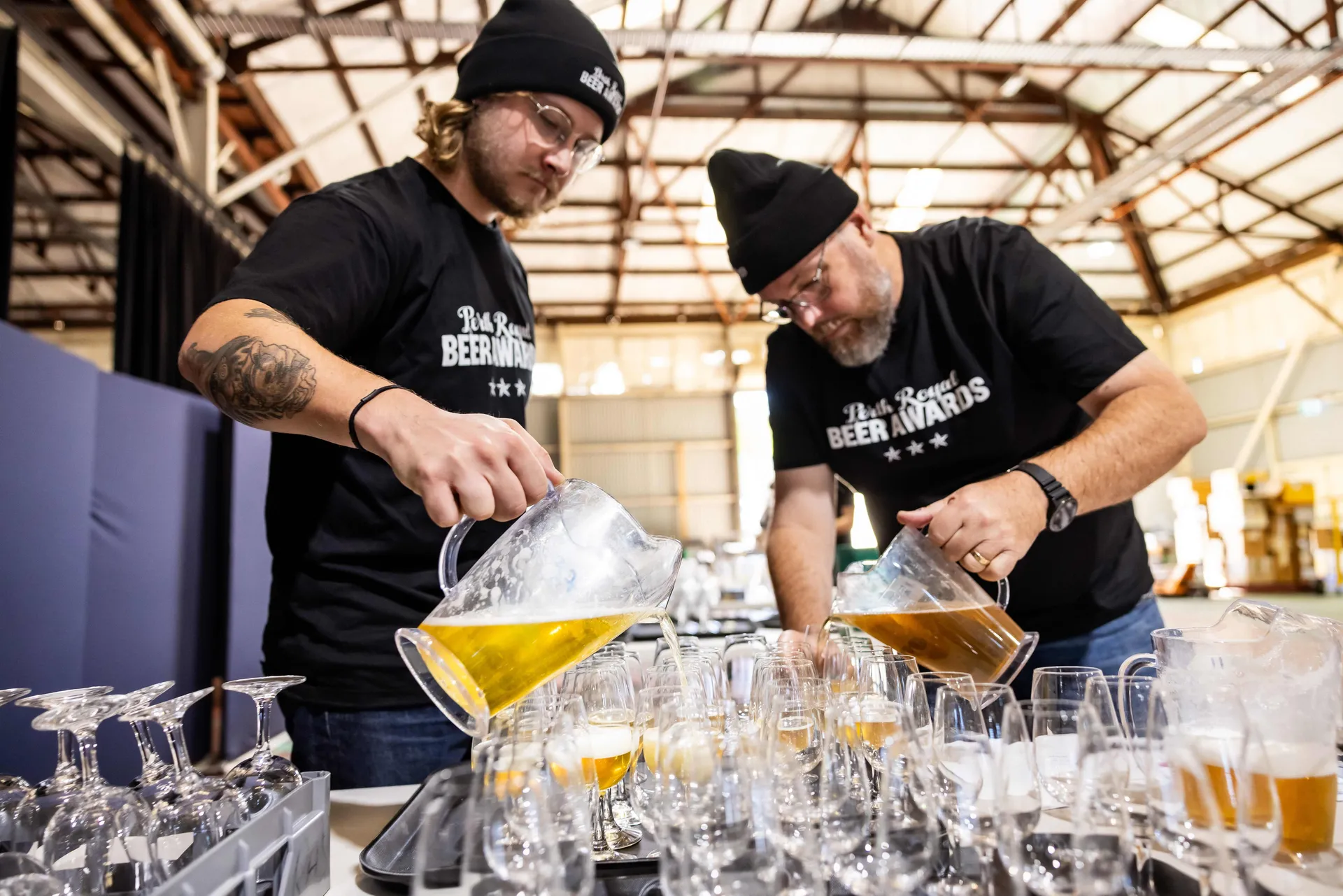 Beer samples being poured for judging at the Perth Royal Food Awards